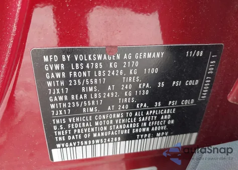 2009 Volkswagen Tiguan Se from USA, damaged, VIN WVGAV75N99W524269